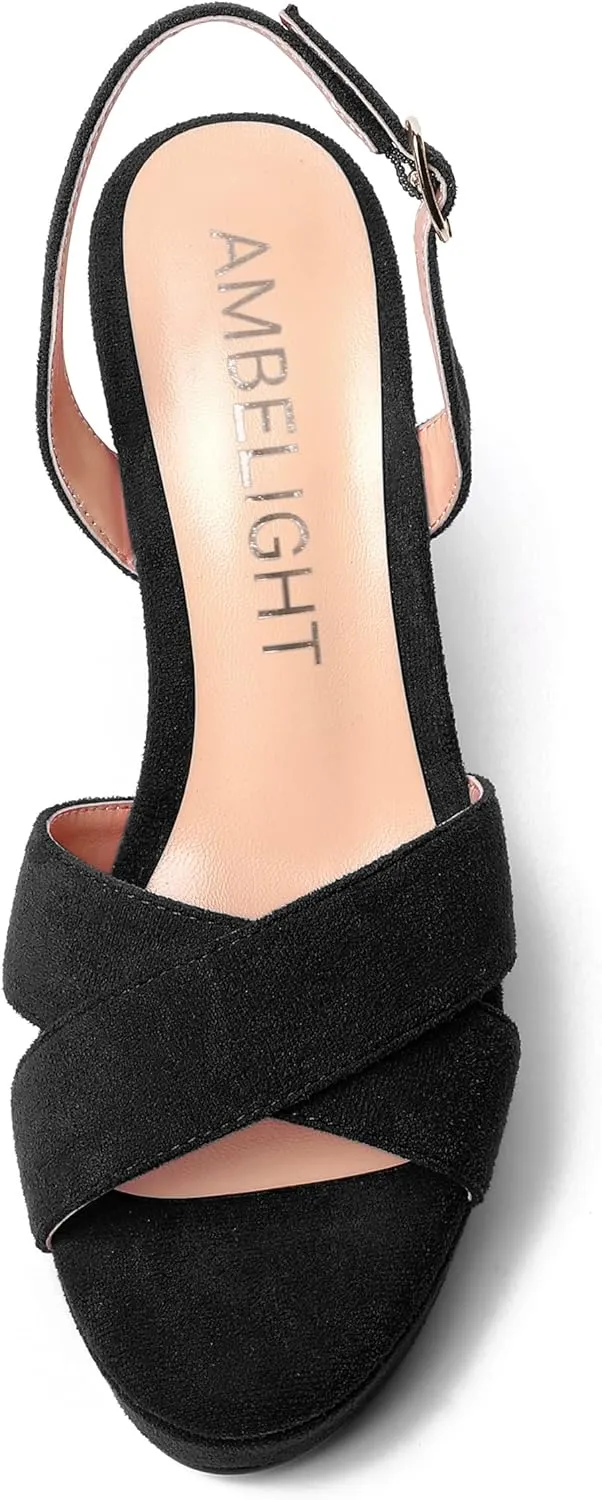 AMBELIGHT Womens Solid Dress Buckle Open Toe Suede Dating Platform Slingback Wedge High Heel Sandals 4 Inch
