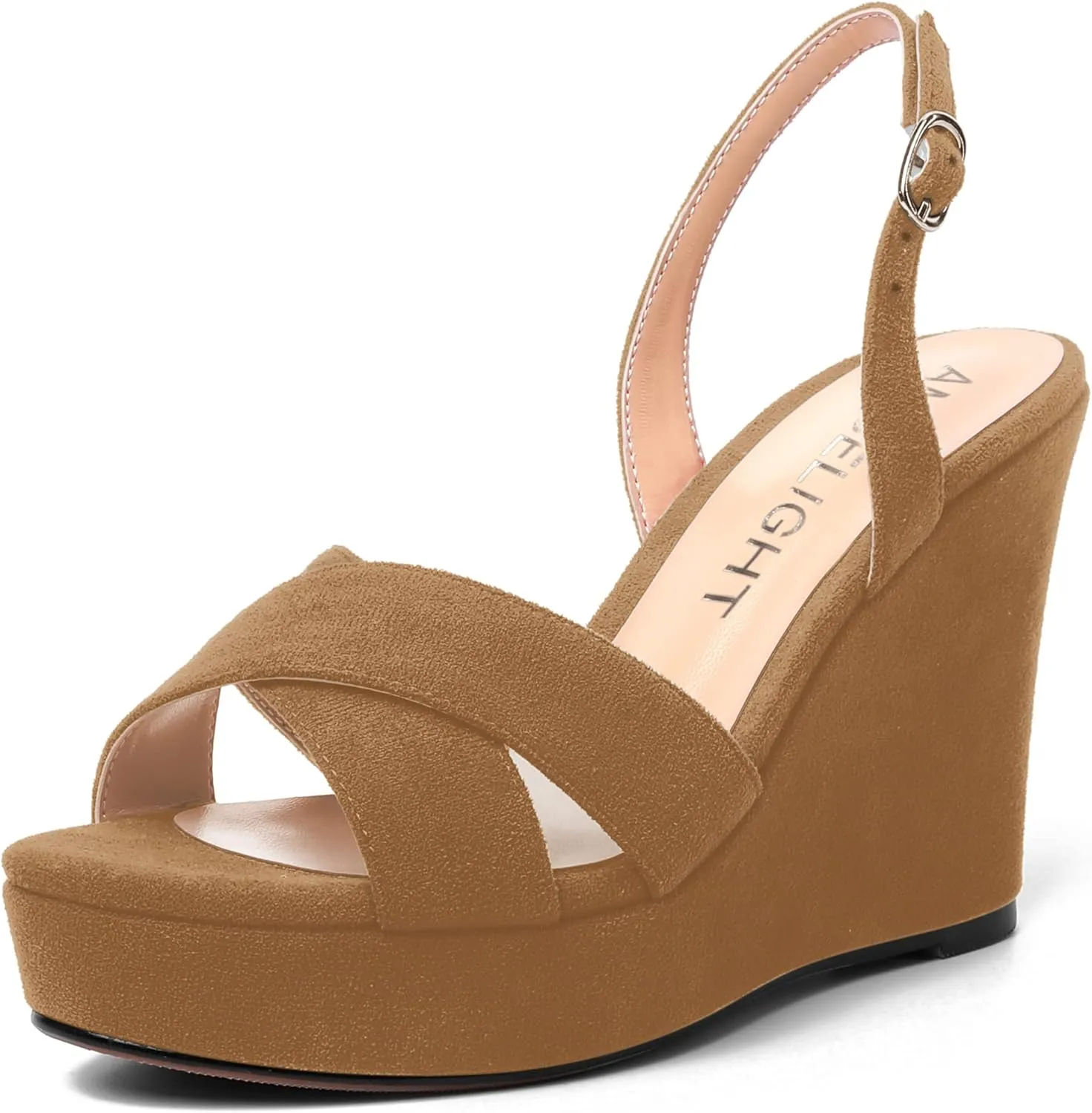 AMBELIGHT Womens Solid Dress Buckle Open Toe Suede Dating Platform Slingback Wedge High Heel Sandals 4 Inch