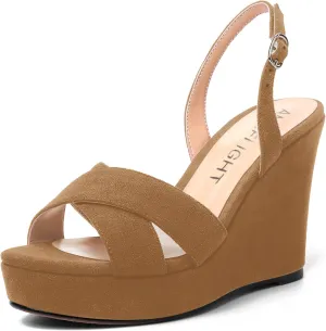 AMBELIGHT Womens Solid Dress Buckle Open Toe Suede Dating Platform Slingback Wedge High Heel Sandals 4 Inch