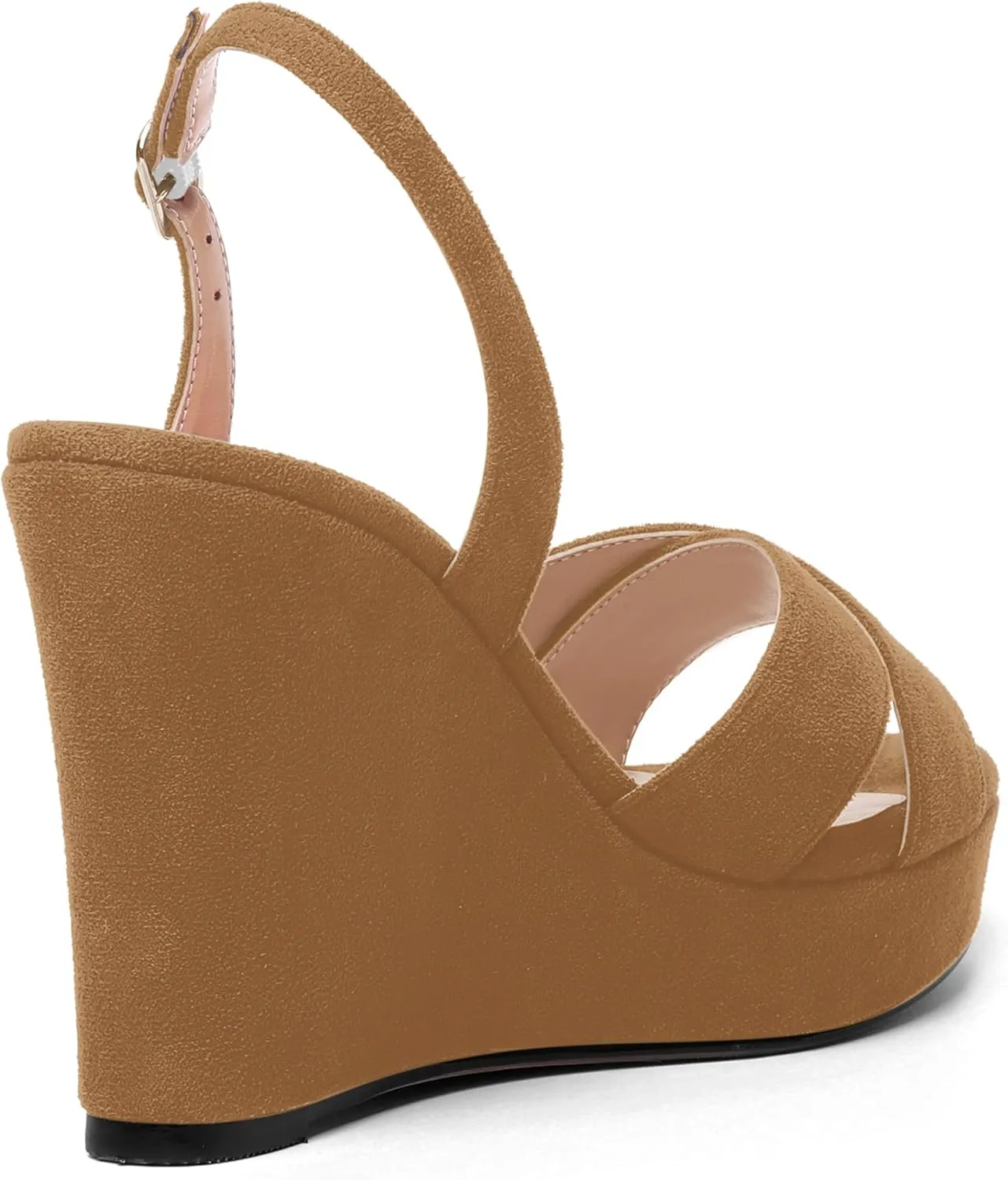 AMBELIGHT Womens Solid Dress Buckle Open Toe Suede Dating Platform Slingback Wedge High Heel Sandals 4 Inch