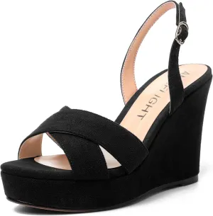 AMBELIGHT Womens Solid Dress Buckle Open Toe Suede Dating Platform Slingback Wedge High Heel Sandals 4 Inch