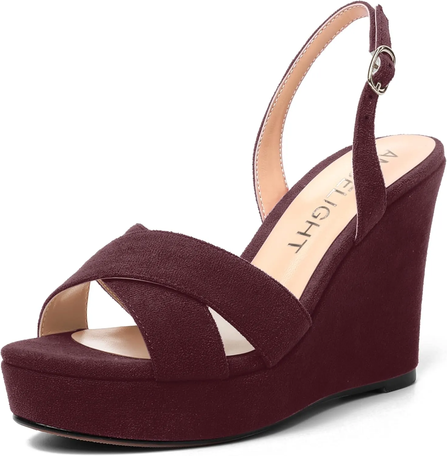 AMBELIGHT Womens Solid Dress Buckle Open Toe Suede Dating Platform Slingback Wedge High Heel Sandals 4 Inch