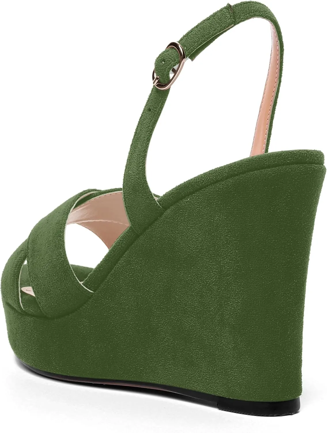 AMBELIGHT Womens Solid Dress Buckle Open Toe Suede Dating Platform Slingback Wedge High Heel Sandals 4 Inch