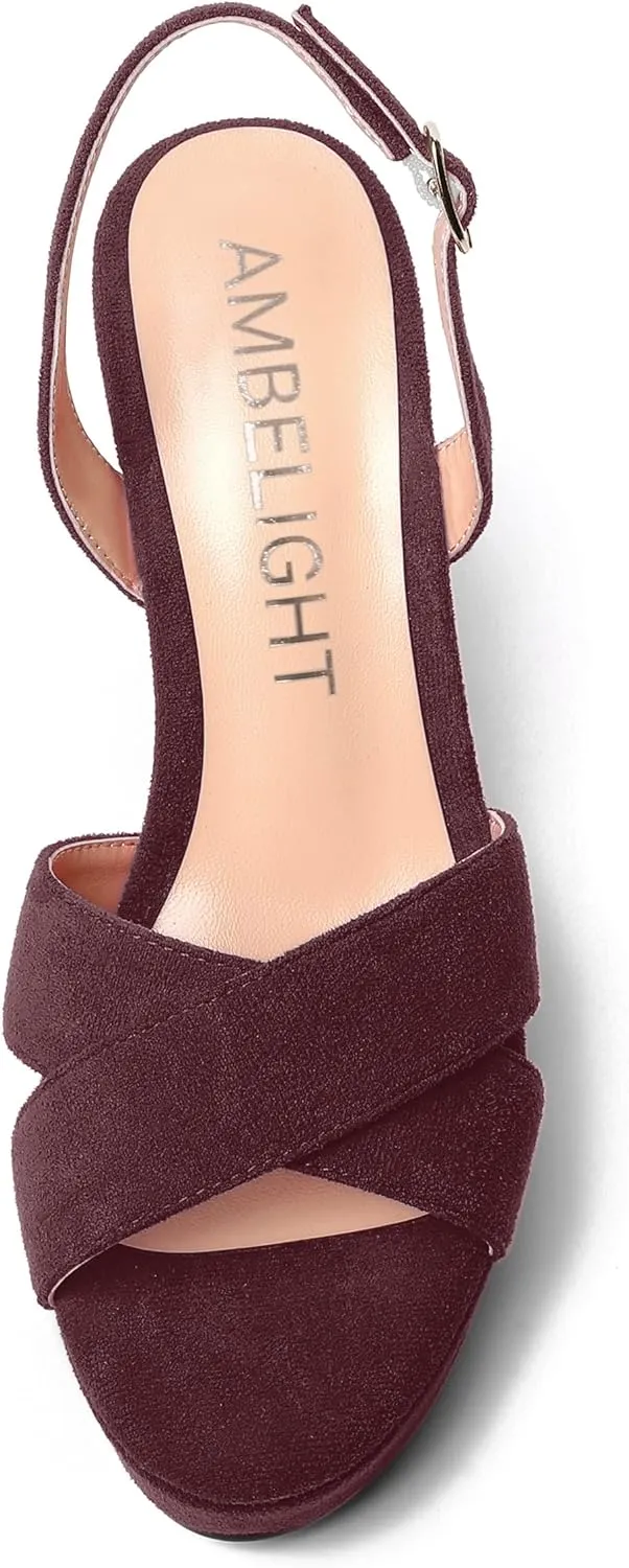 AMBELIGHT Womens Solid Dress Buckle Open Toe Suede Dating Platform Slingback Wedge High Heel Sandals 4 Inch