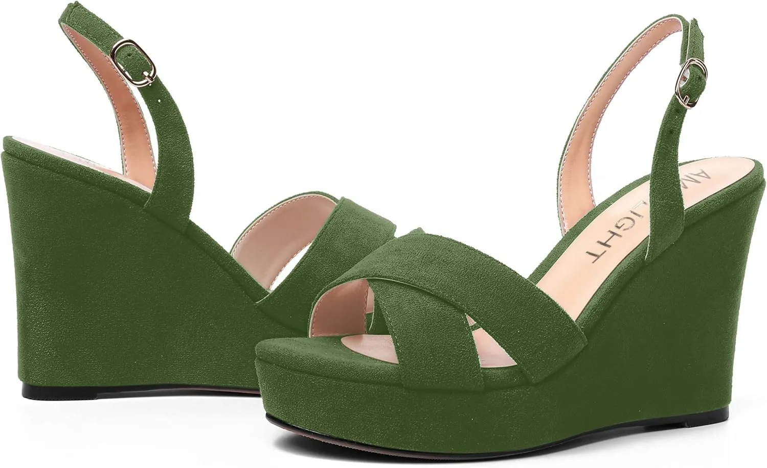 AMBELIGHT Womens Solid Dress Buckle Open Toe Suede Dating Platform Slingback Wedge High Heel Sandals 4 Inch