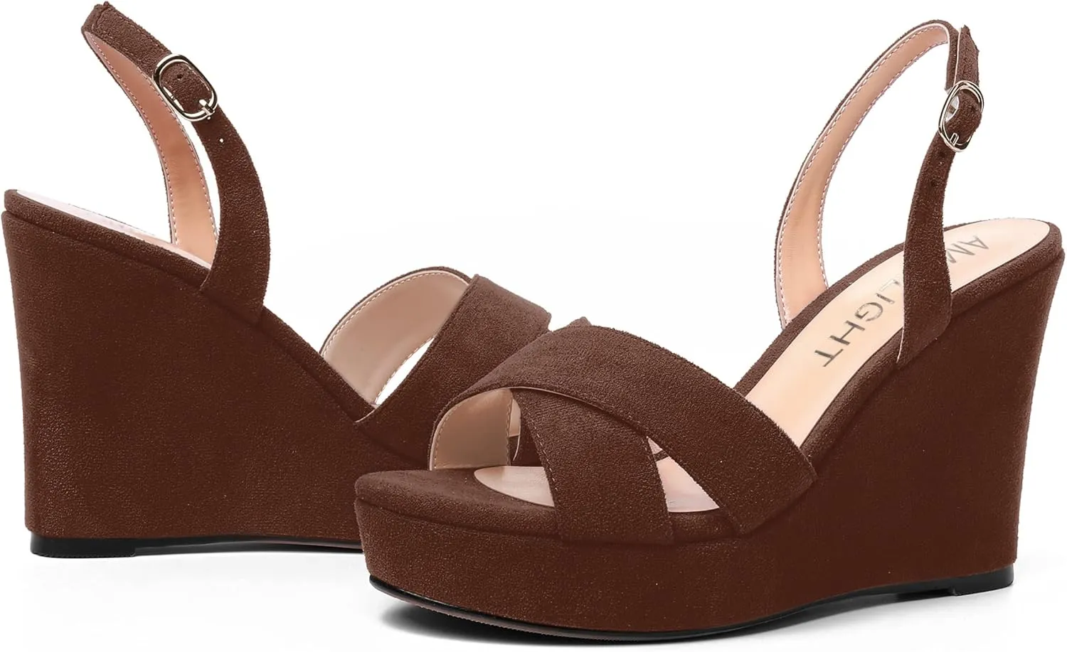 AMBELIGHT Womens Solid Dress Buckle Open Toe Suede Dating Platform Slingback Wedge High Heel Sandals 4 Inch