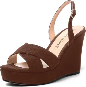 AMBELIGHT Womens Solid Dress Buckle Open Toe Suede Dating Platform Slingback Wedge High Heel Sandals 4 Inch