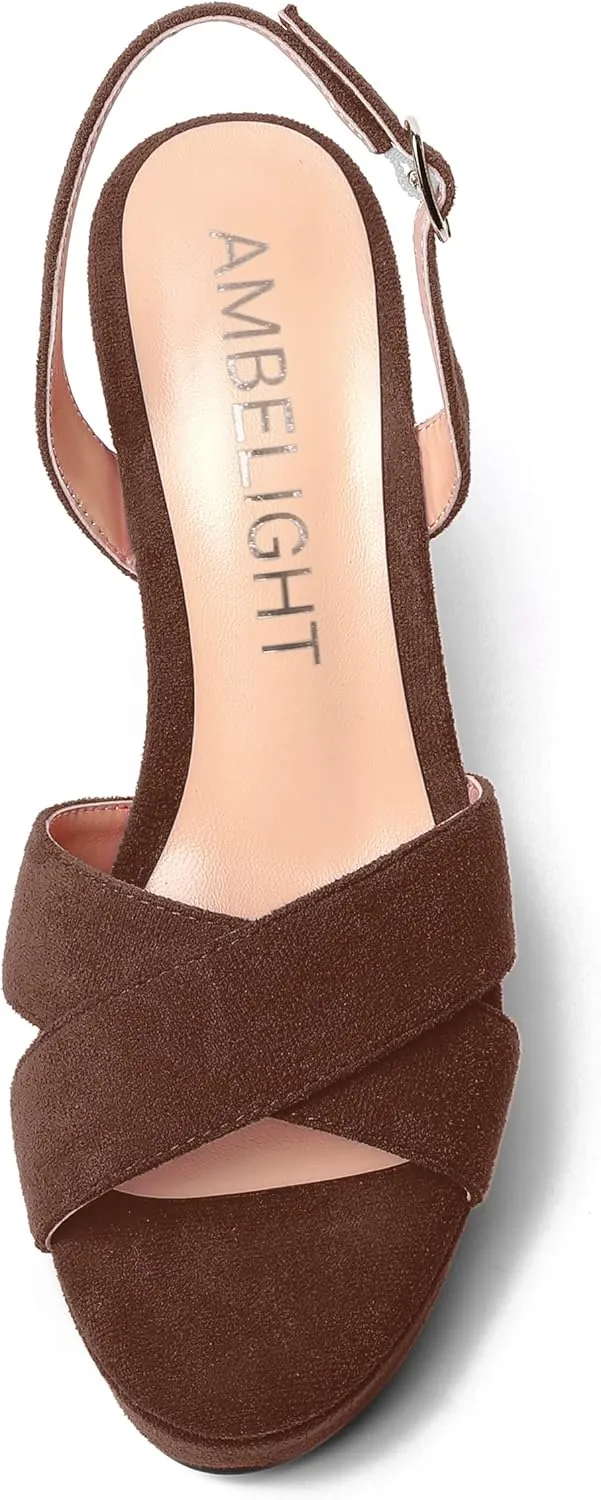 AMBELIGHT Womens Solid Dress Buckle Open Toe Suede Dating Platform Slingback Wedge High Heel Sandals 4 Inch