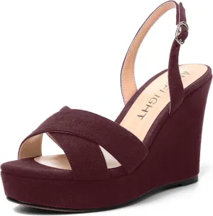 AMBELIGHT Womens Solid Dress Buckle Open Toe Suede Dating Platform Slingback Wedge High Heel Sandals 4 Inch