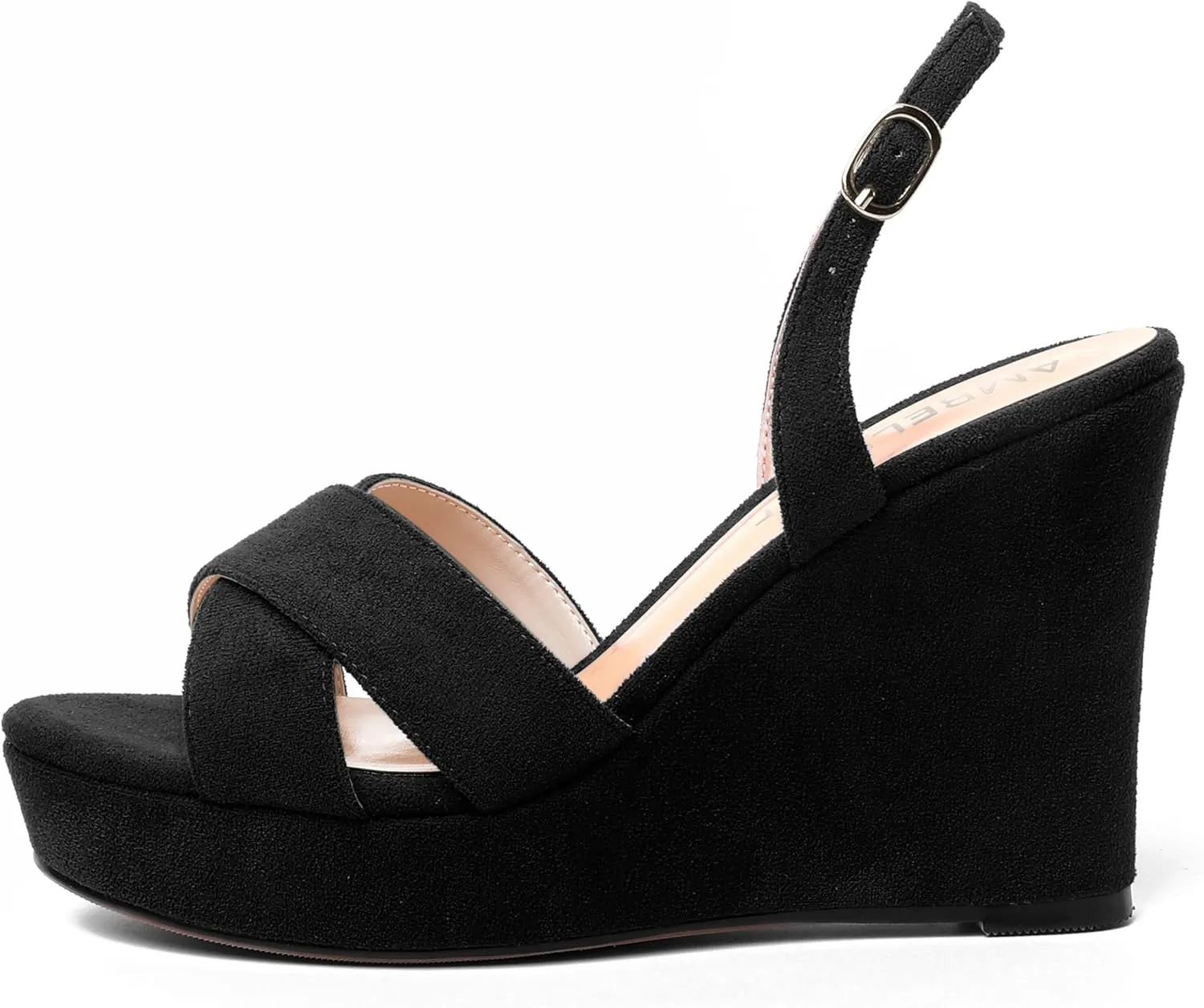 AMBELIGHT Womens Solid Dress Buckle Open Toe Suede Dating Platform Slingback Wedge High Heel Sandals 4 Inch
