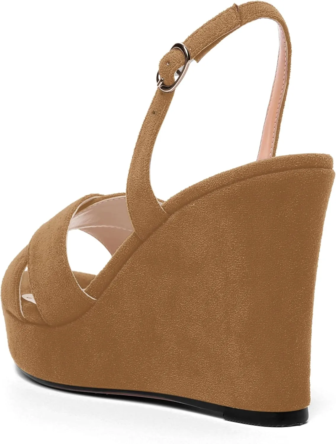 AMBELIGHT Womens Solid Dress Buckle Open Toe Suede Dating Platform Slingback Wedge High Heel Sandals 4 Inch