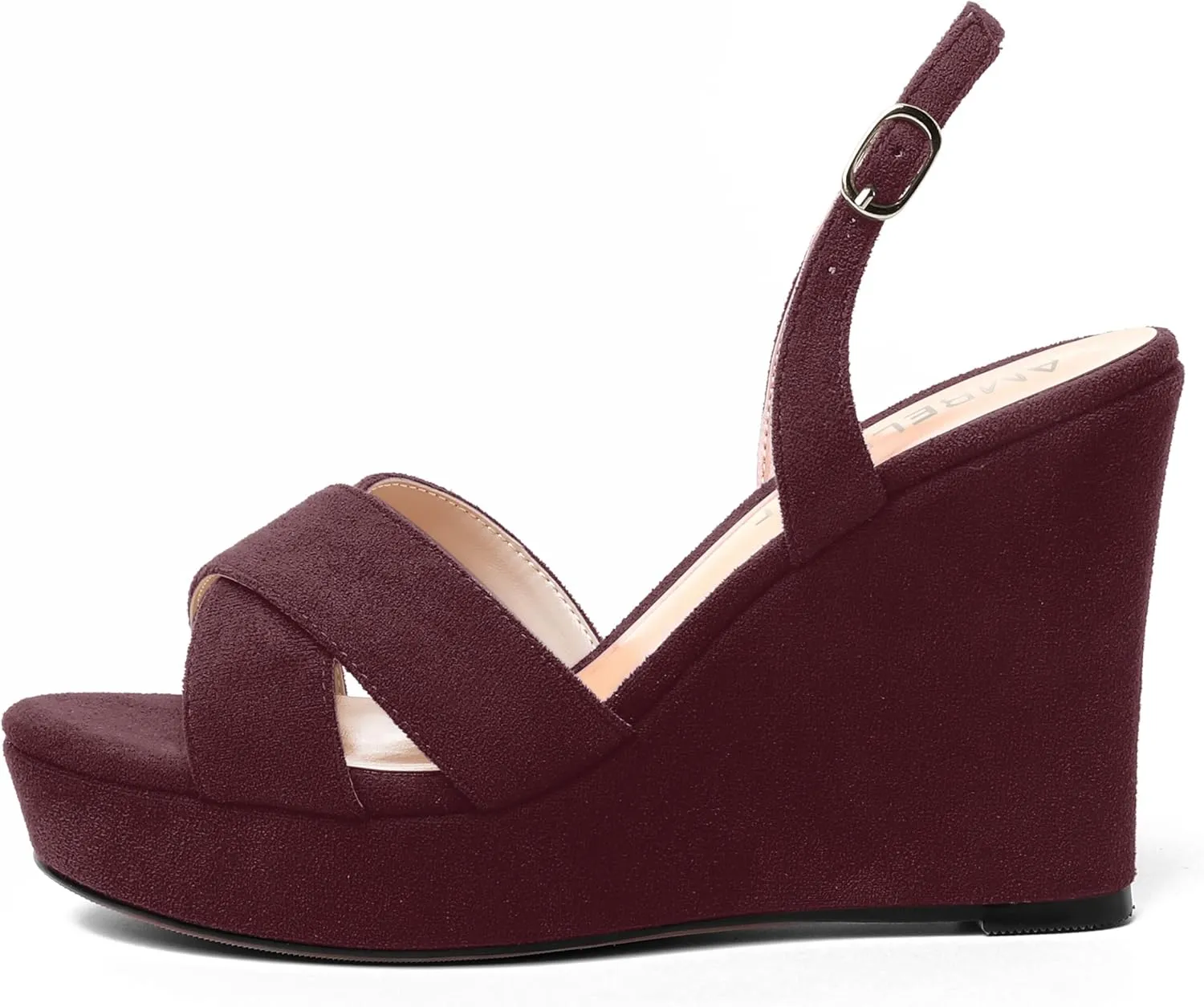 AMBELIGHT Womens Solid Dress Buckle Open Toe Suede Dating Platform Slingback Wedge High Heel Sandals 4 Inch