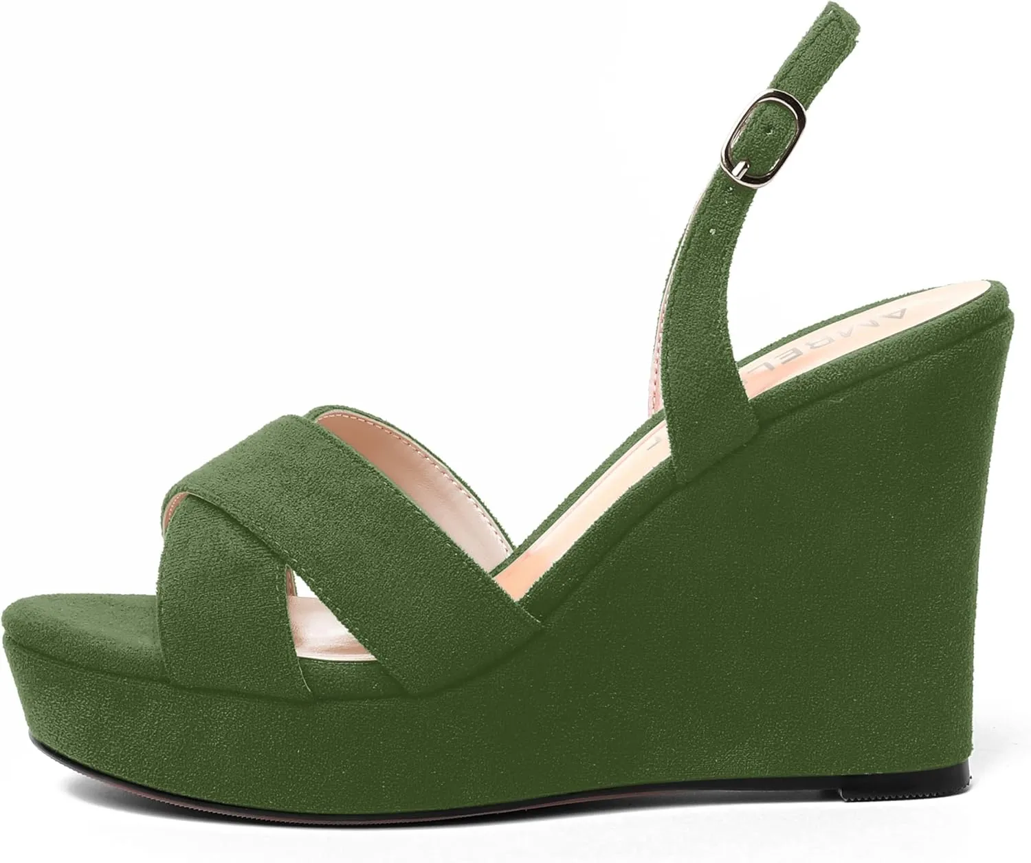 AMBELIGHT Womens Solid Dress Buckle Open Toe Suede Dating Platform Slingback Wedge High Heel Sandals 4 Inch