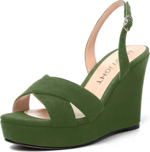 AMBELIGHT Womens Solid Dress Buckle Open Toe Suede Dating Platform Slingback Wedge High Heel Sandals 4 Inch