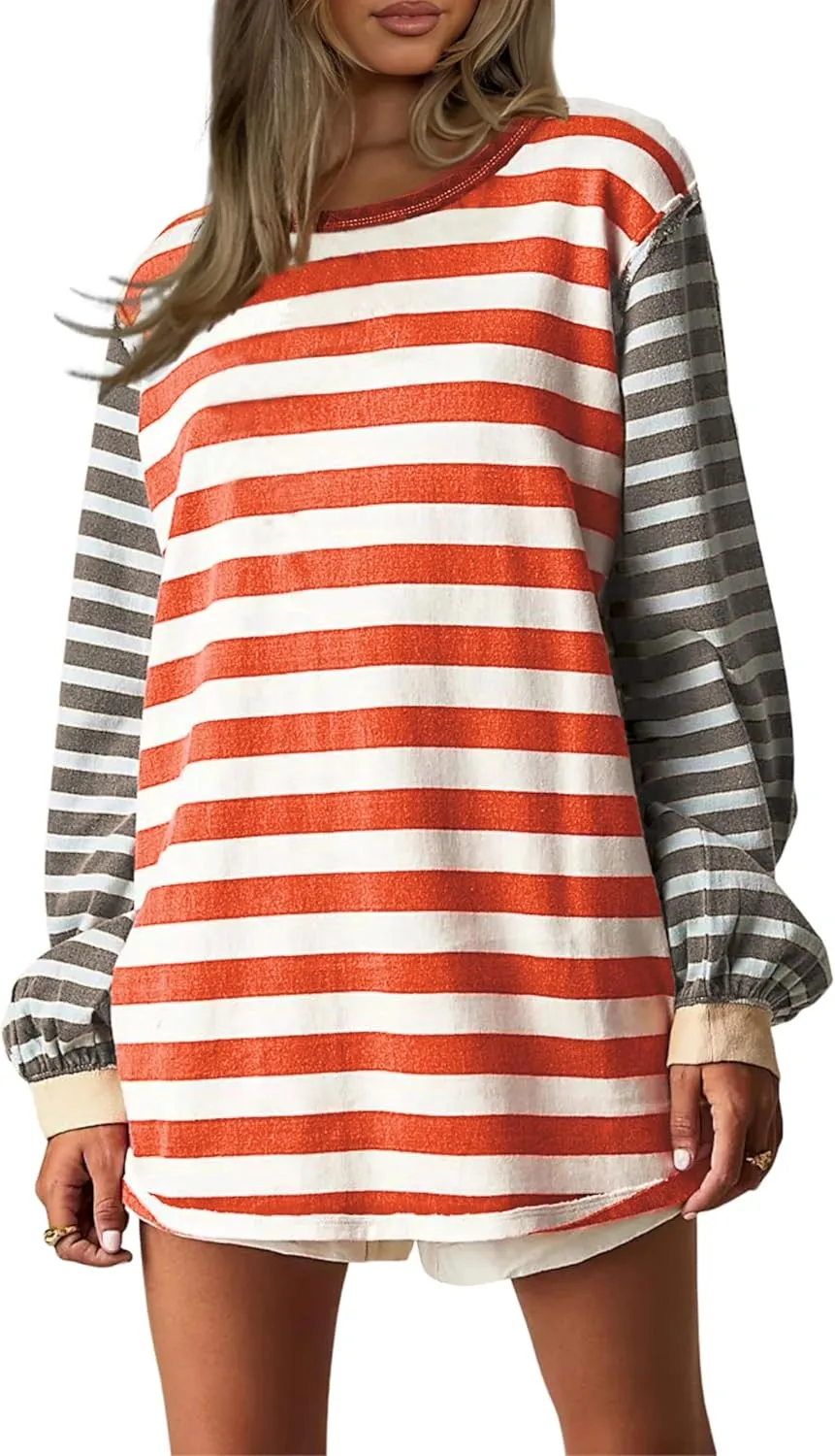 AMEBELLE Tops for Women Trendy Oversized Long Sleeve Shirts for Women Y2K Tops Stripe Tee Womens Sweatshirt