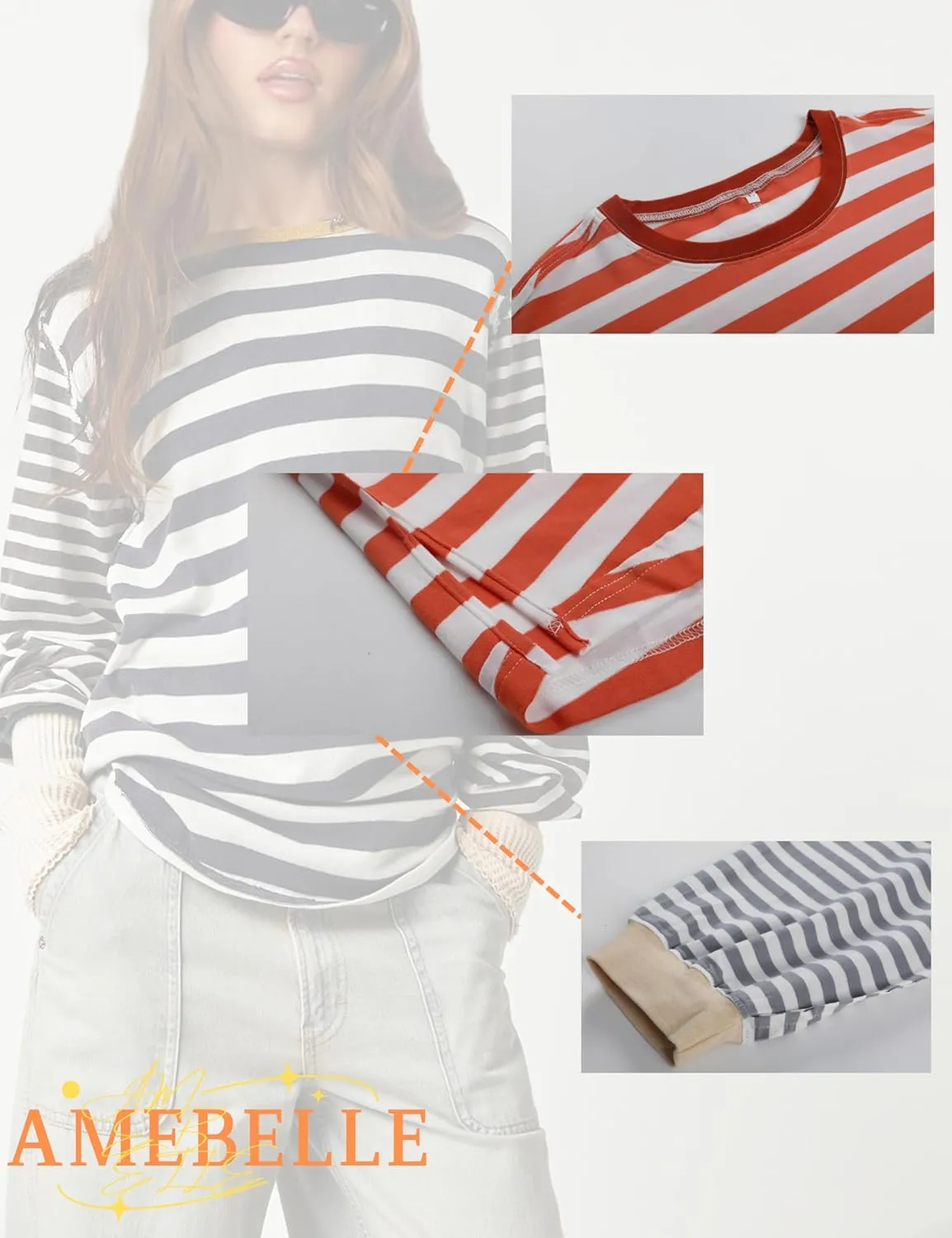 AMEBELLE Tops for Women Trendy Oversized Long Sleeve Shirts for Women Y2K Tops Stripe Tee Womens Sweatshirt