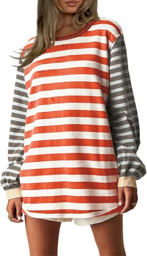 AMEBELLE Tops for Women Trendy Oversized Long Sleeve Shirts for Women Y2K Tops Stripe Tee Womens Sweatshirt
