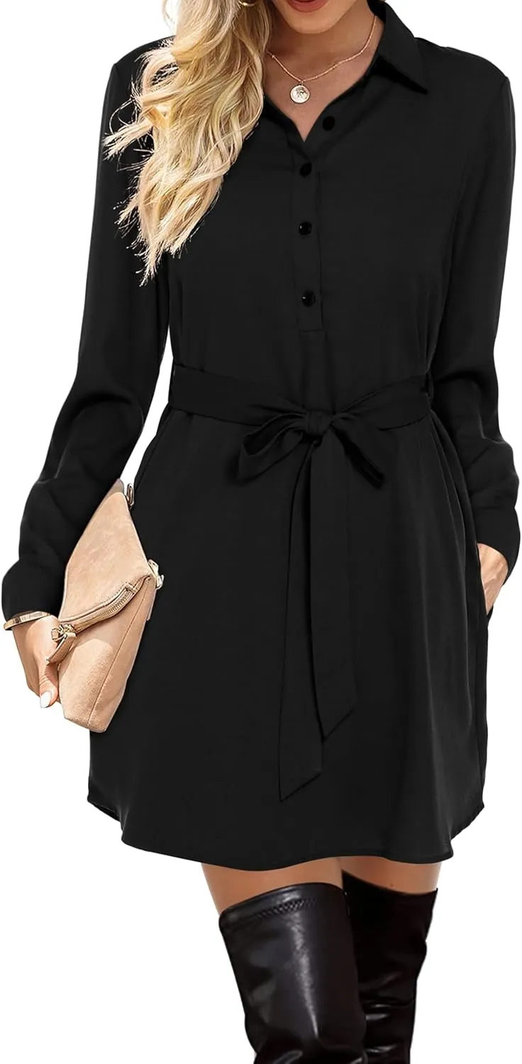 Amoretu Womens Shirt Dresses Long Sleeve Button up Work Dress with Pockets