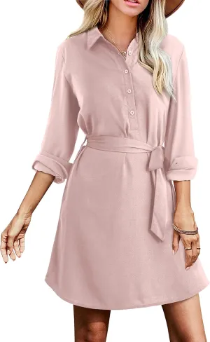 Amoretu Womens Shirt Dresses Long Sleeve Button up Work Dress with Pockets