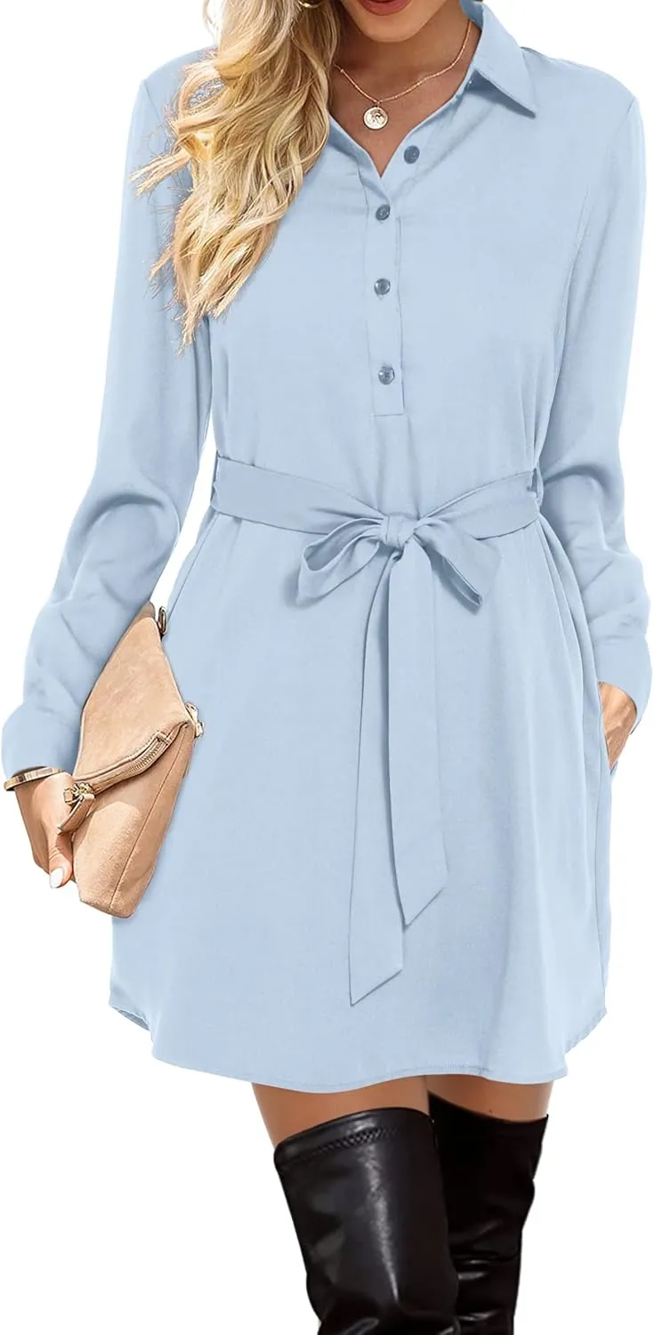Amoretu Womens Shirt Dresses Long Sleeve Button up Work Dress with Pockets