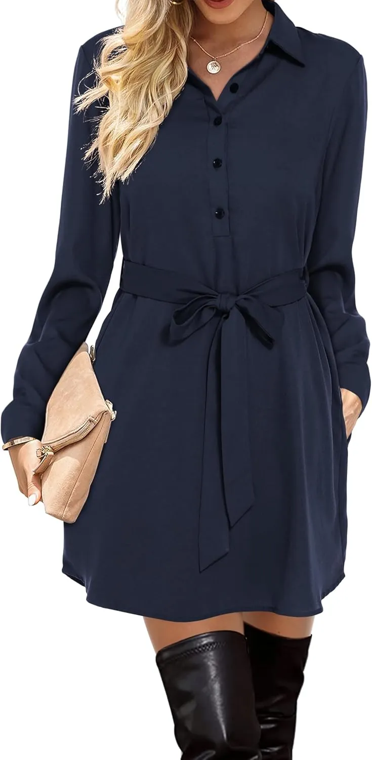 Amoretu Womens Shirt Dresses Long Sleeve Button up Work Dress with Pockets