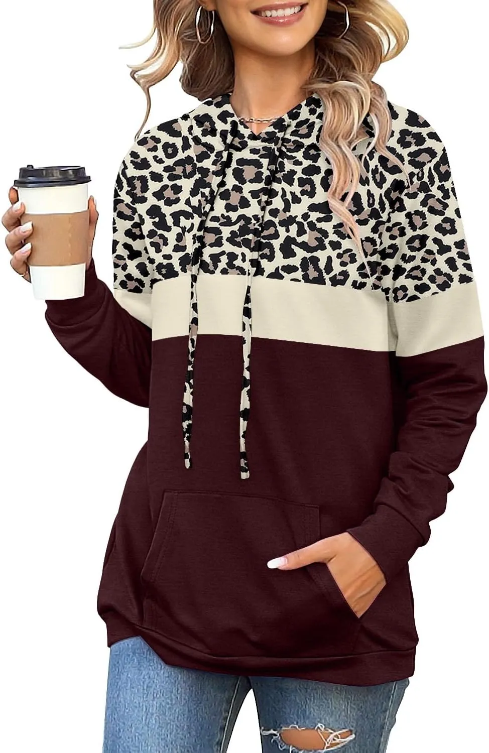 Angerella Hoodies for Women Camo Leopard Print Tops Pullover Hooded Sweatshirt Drawstring with Pocket