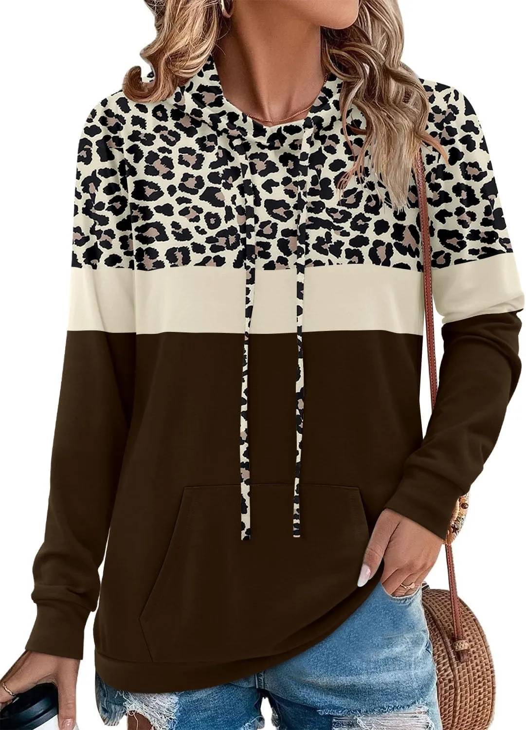 Angerella Hoodies for Women Camo Leopard Print Tops Pullover Hooded Sweatshirt Drawstring with Pocket