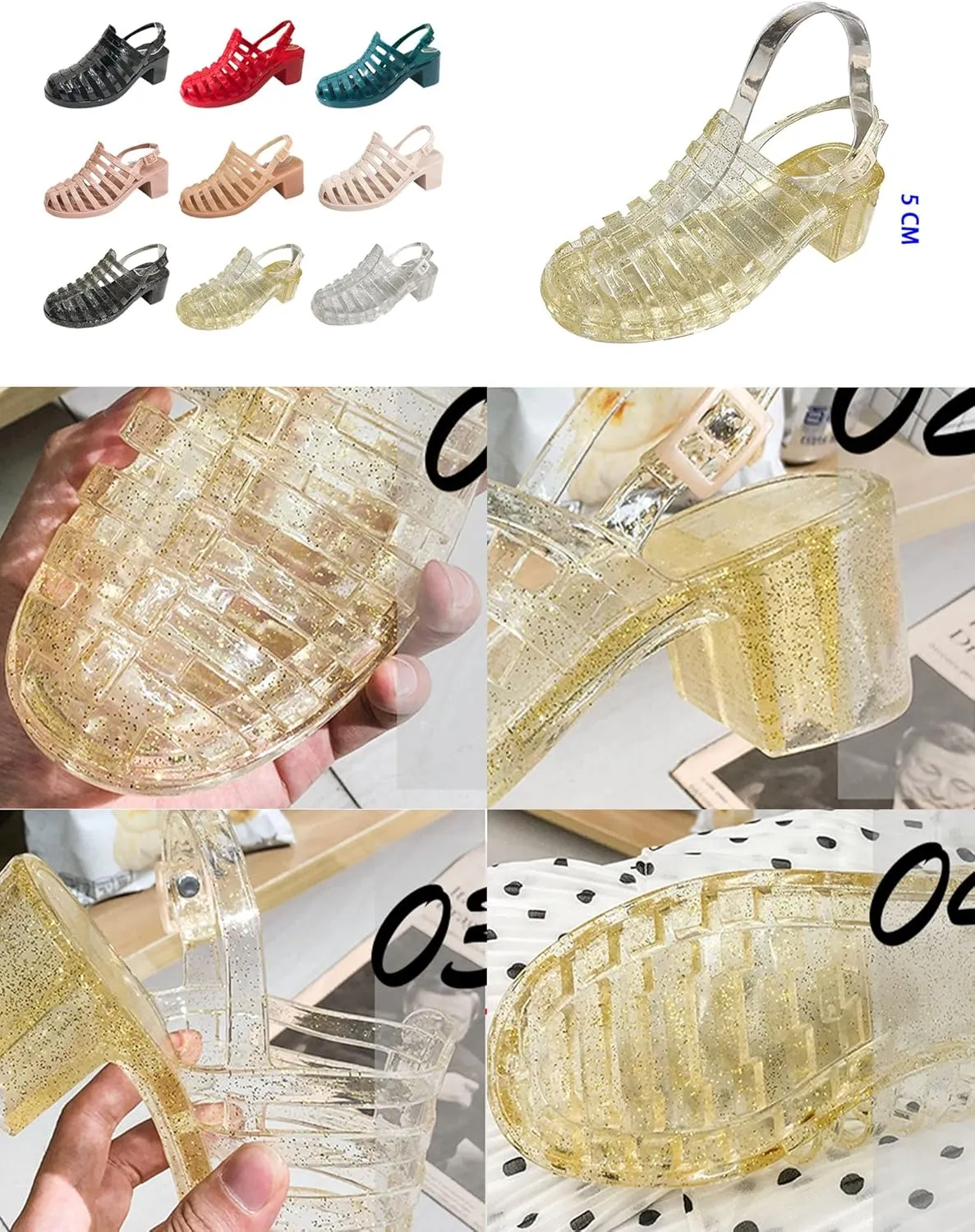 AngryMonkey Women's Crystal Jelly High Heel Sandals,Summer New Baotou Slingback Ankle Strap Sheer Fisherman Beach Shoes