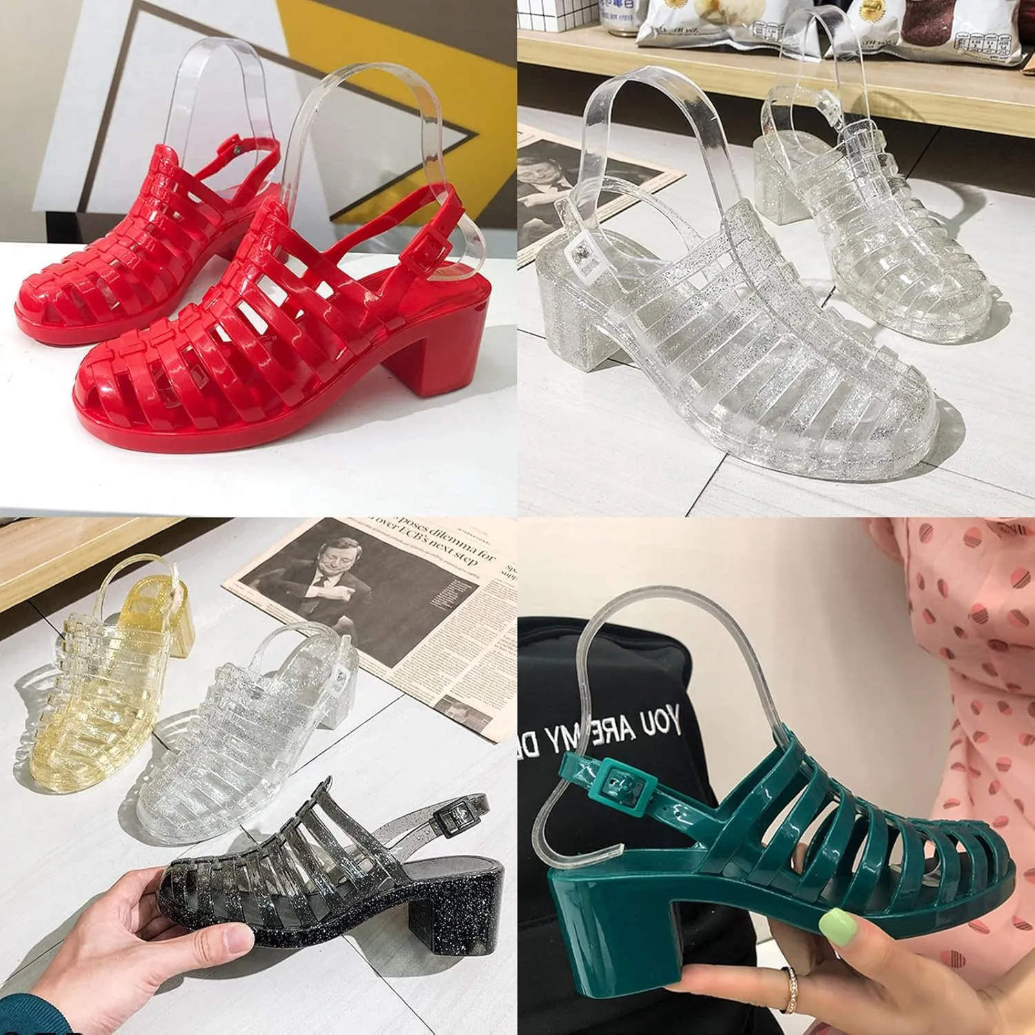 AngryMonkey Women's Crystal Jelly High Heel Sandals,Summer New Baotou Slingback Ankle Strap Sheer Fisherman Beach Shoes