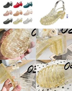 AngryMonkey Women's Crystal Jelly High Heel Sandals,Summer New Baotou Slingback Ankle Strap Sheer Fisherman Beach Shoes