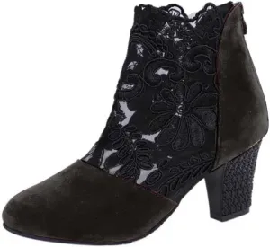 Ankle Booties for Women Back Zipper Closed ToeChunky Heel Floral Lace Mesh Non-Slip Block Heeled Ankle Bootie