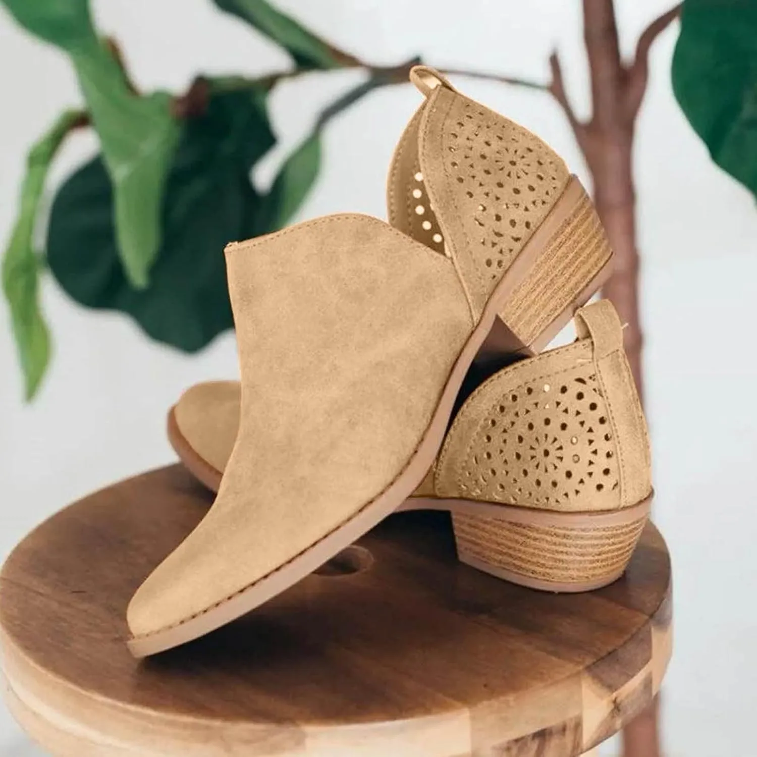Ankle Boots for Women, Casual Perforated Side V Cut Low Heel Cut Out Slip On Short Chunky Stacked Heel Western Boots