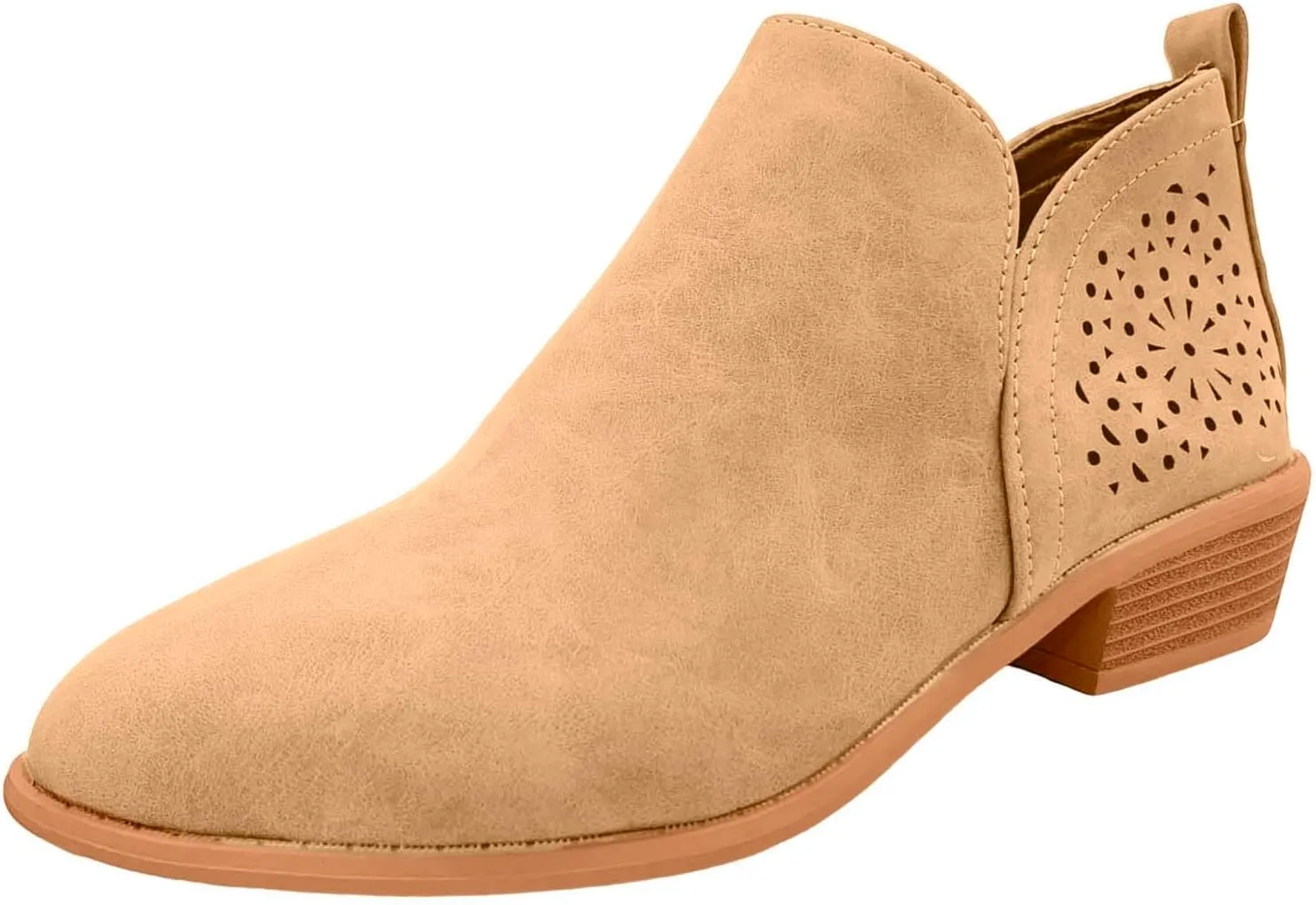 Ankle Boots for Women, Casual Perforated Side V Cut Low Heel Cut Out Slip On Short Chunky Stacked Heel Western Boots