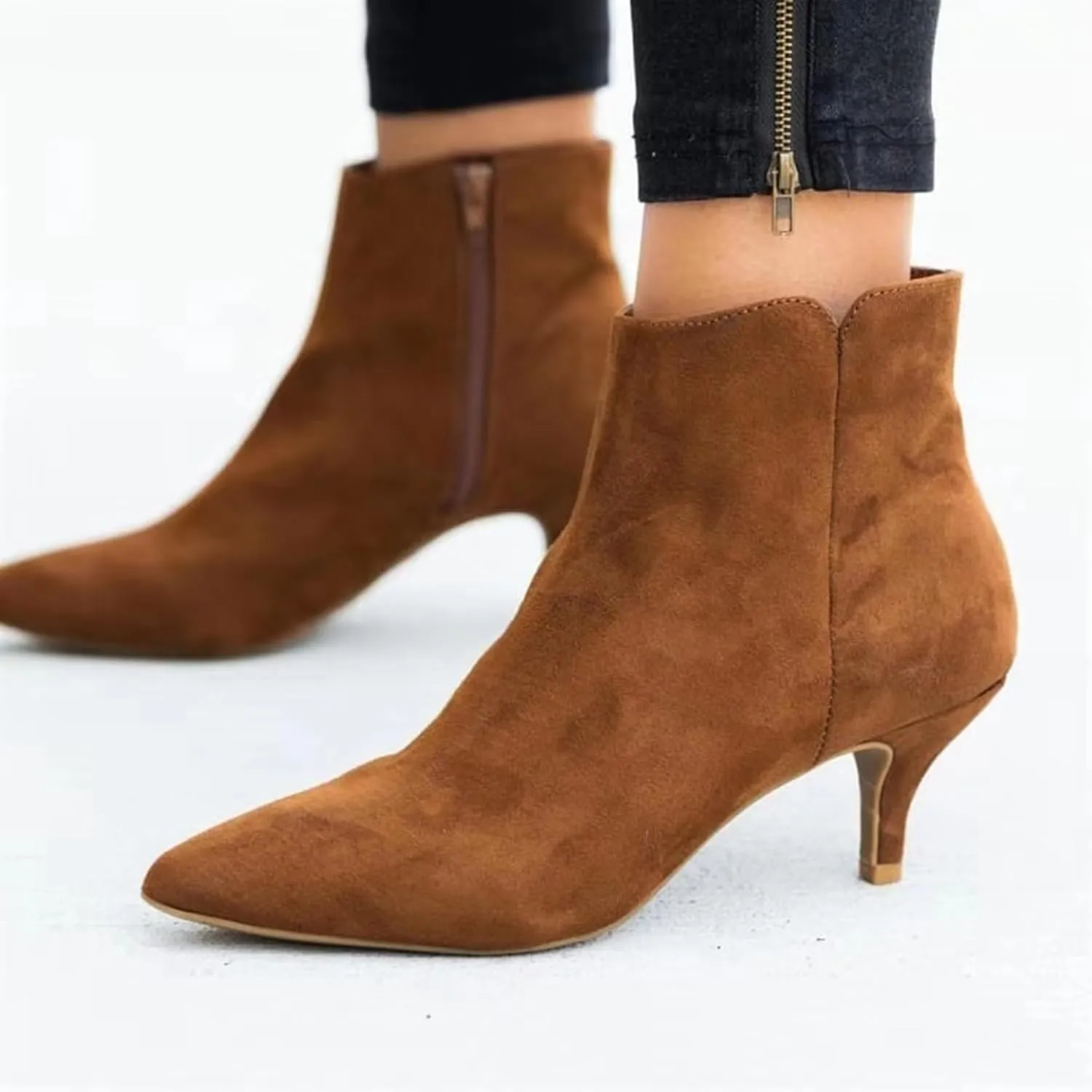 Ankle Boots for Women Low Heel Pointed Toe V Cut Kitten Heels Leather Booties Side Zipper Dress Shoes Office Booties