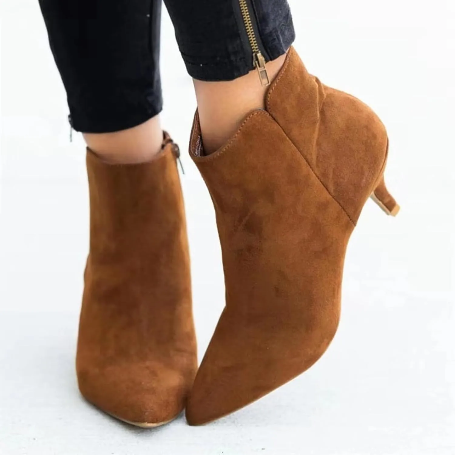 Ankle Boots for Women Low Heel Pointed Toe V Cut Kitten Heels Leather Booties Side Zipper Dress Shoes Office Booties