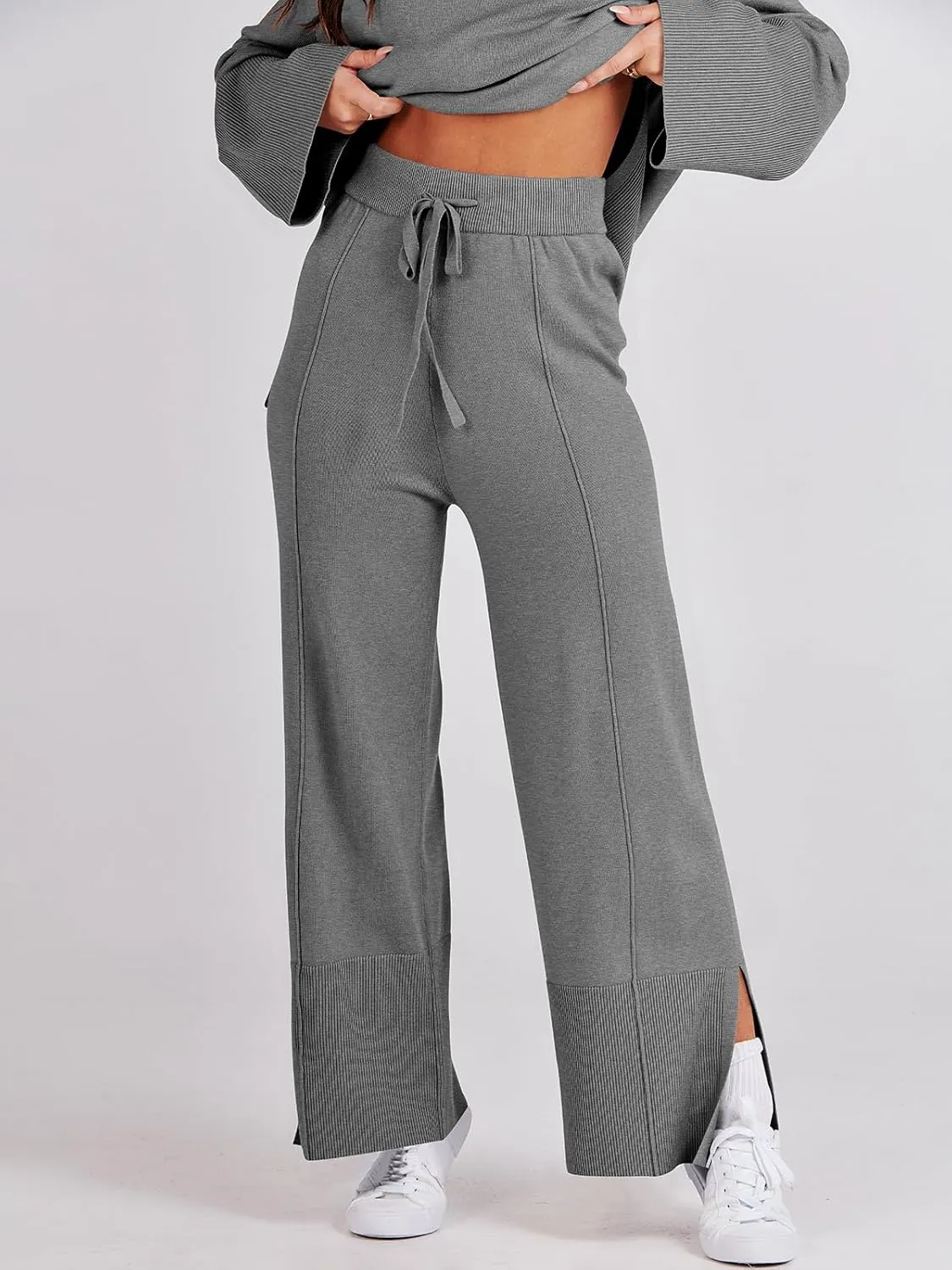 ANRABESS Womens 2 Piece Outfits Oversized Knit Sweater Set Wide Leg Pant Cozy Lounge Matching Pajama Sets 2024 Trendy Clothes