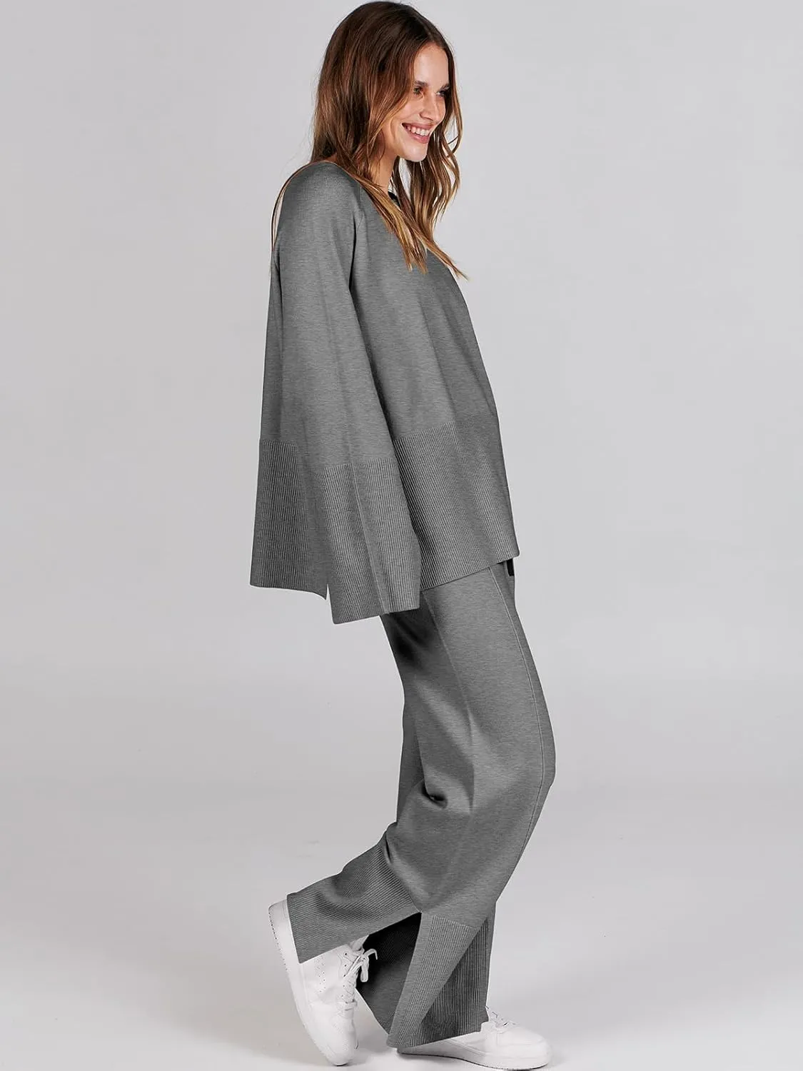 ANRABESS Womens 2 Piece Outfits Oversized Knit Sweater Set Wide Leg Pant Cozy Lounge Matching Pajama Sets 2024 Trendy Clothes