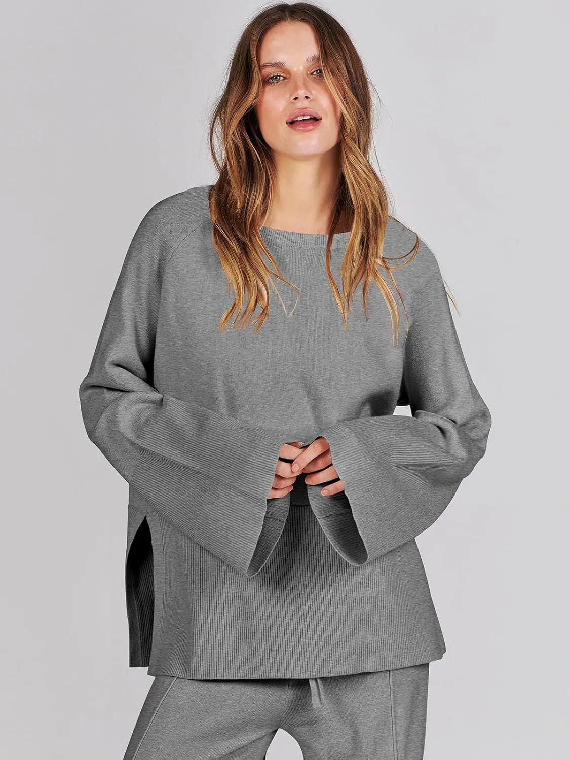 ANRABESS Womens 2 Piece Outfits Oversized Knit Sweater Set Wide Leg Pant Cozy Lounge Matching Pajama Sets 2024 Trendy Clothes