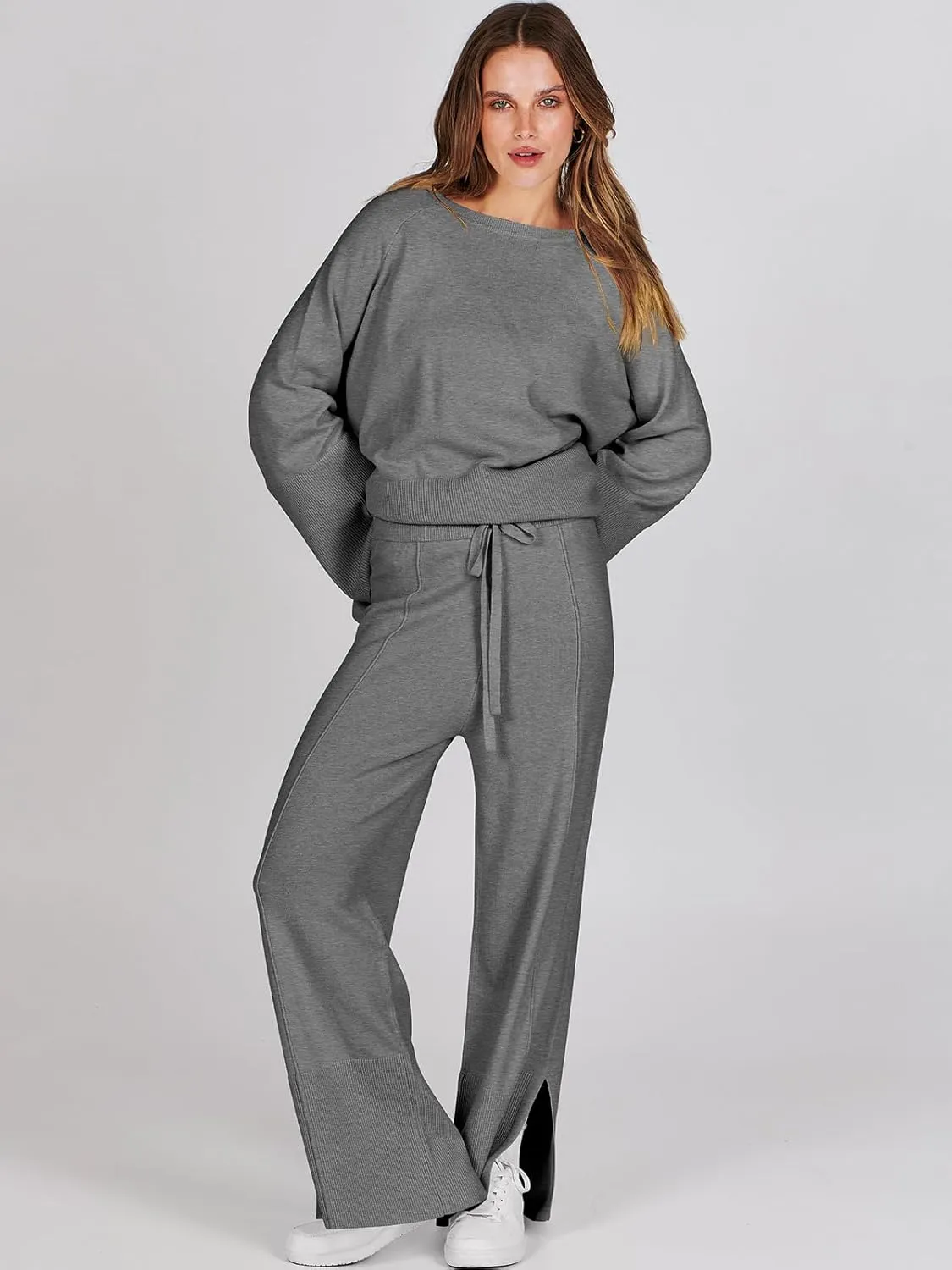 ANRABESS Womens 2 Piece Outfits Oversized Knit Sweater Set Wide Leg Pant Cozy Lounge Matching Pajama Sets 2024 Trendy Clothes