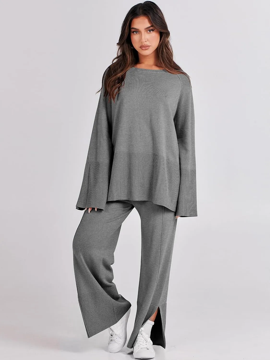 ANRABESS Womens 2 Piece Outfits Oversized Knit Sweater Set Wide Leg Pant Cozy Lounge Matching Pajama Sets 2024 Trendy Clothes