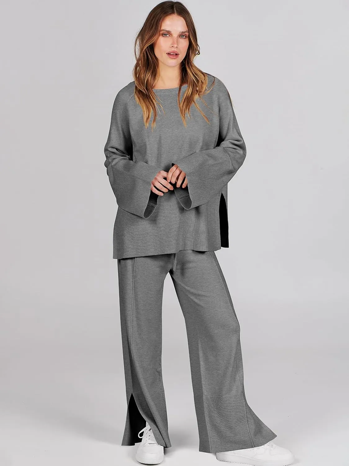 ANRABESS Womens 2 Piece Outfits Oversized Knit Sweater Set Wide Leg Pant Cozy Lounge Matching Pajama Sets 2024 Trendy Clothes