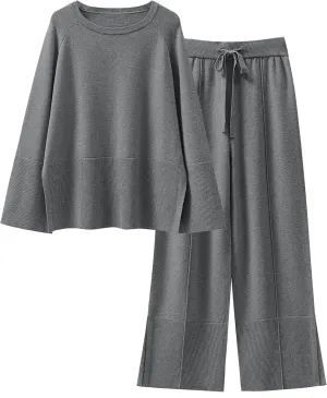 ANRABESS Womens 2 Piece Outfits Oversized Knit Sweater Set Wide Leg Pant Cozy Lounge Matching Pajama Sets 2024 Trendy Clothes