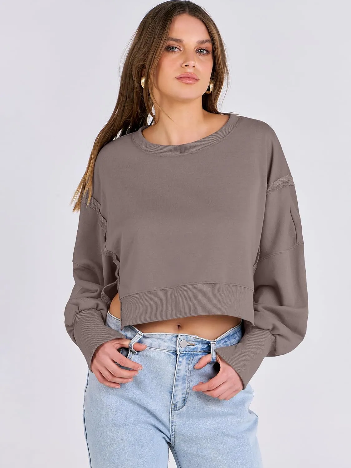 ANRABESS Womens Cropped Oversized Sweatshirts Crewneck Long Sleeve Pullover 2024 Fall Teen Girls Y2K Fashion Crop Tops