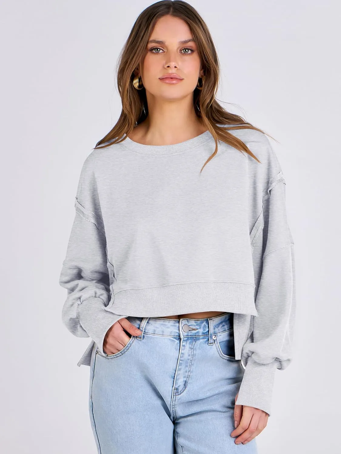 ANRABESS Womens Cropped Oversized Sweatshirts Crewneck Long Sleeve Pullover 2024 Fall Teen Girls Y2K Fashion Crop Tops