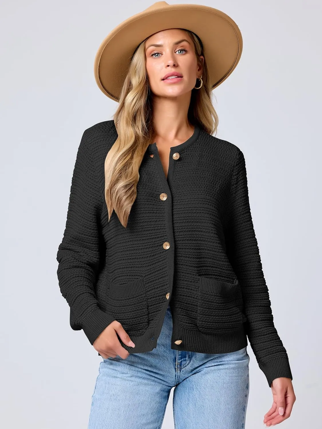 ANRABESS Women's Tweed Knit Cardigan Sweater Casual Long Sleeve Cropped Button Down Lady Jackets 2025 Spring Fashion Outwear