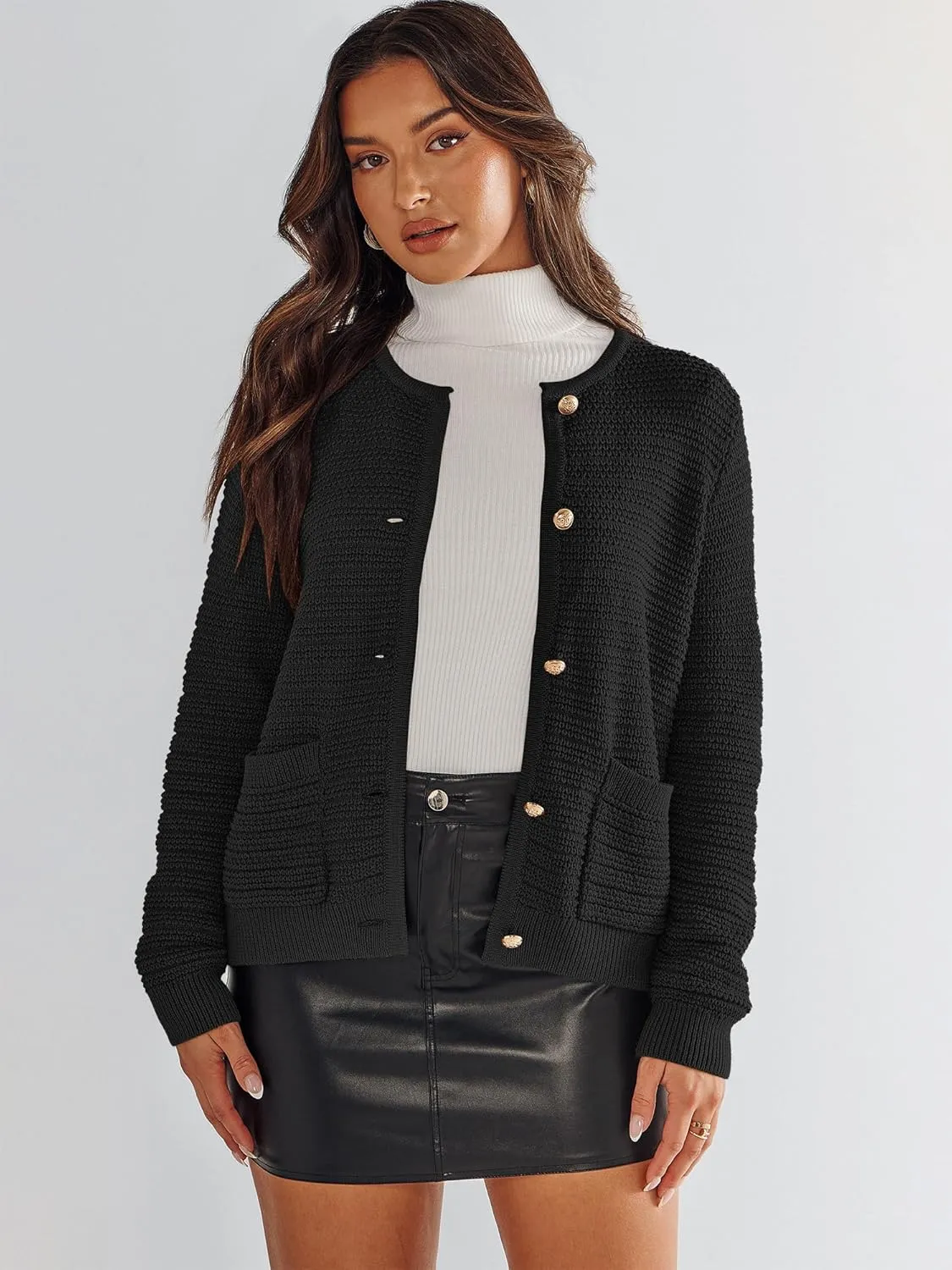 ANRABESS Women's Tweed Knit Cardigan Sweater Casual Long Sleeve Cropped Button Down Lady Jackets 2025 Spring Fashion Outwear