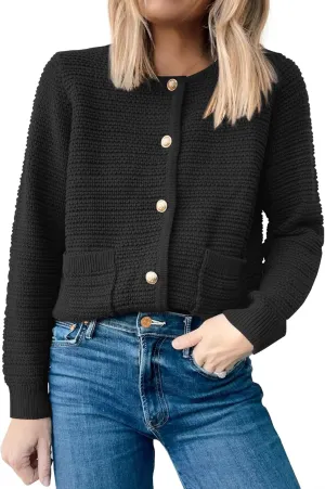 ANRABESS Women's Tweed Knit Cardigan Sweater Casual Long Sleeve Cropped Button Down Lady Jackets 2025 Spring Fashion Outwear