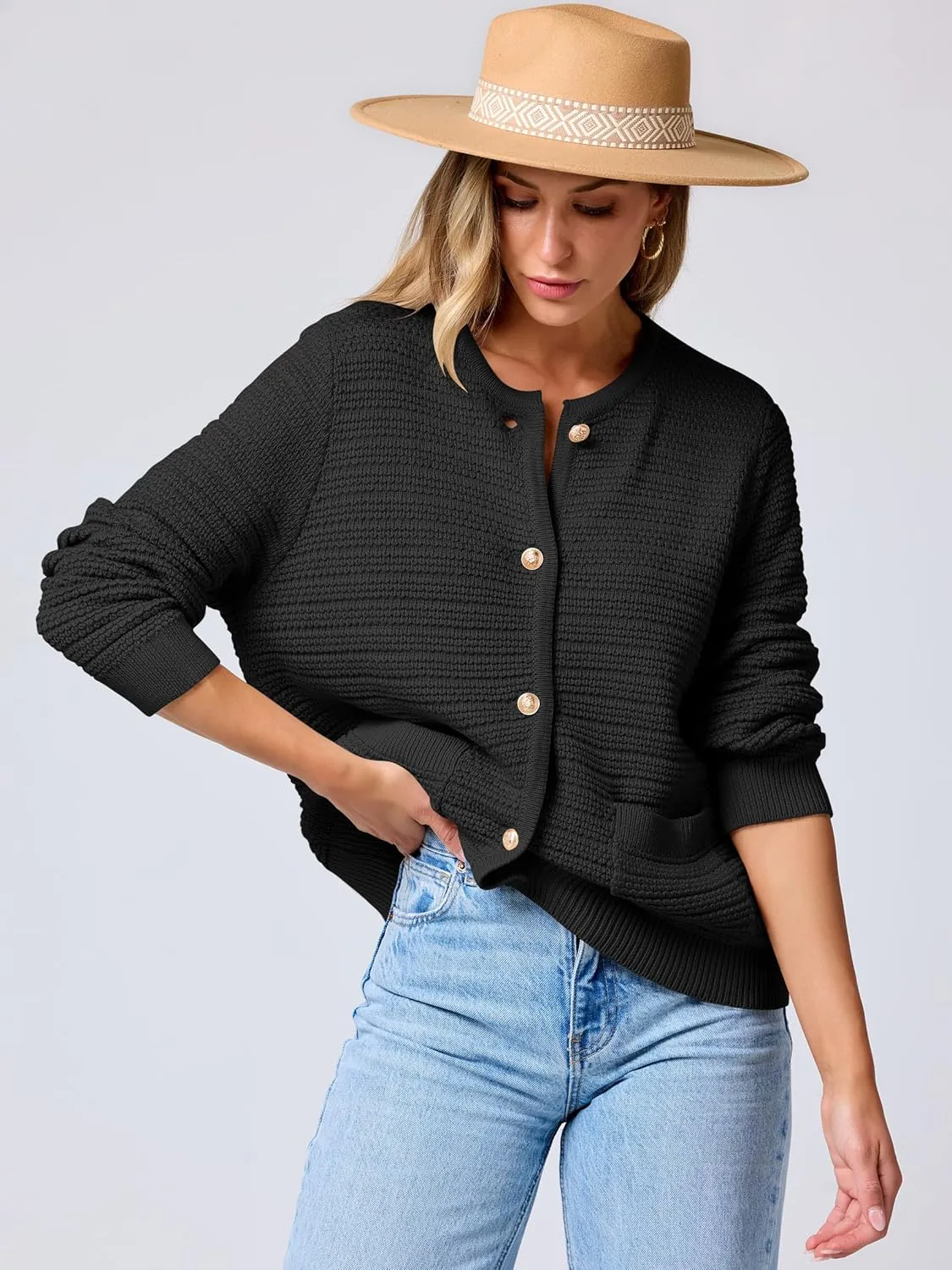 ANRABESS Women's Tweed Knit Cardigan Sweater Casual Long Sleeve Cropped Button Down Lady Jackets 2025 Spring Fashion Outwear