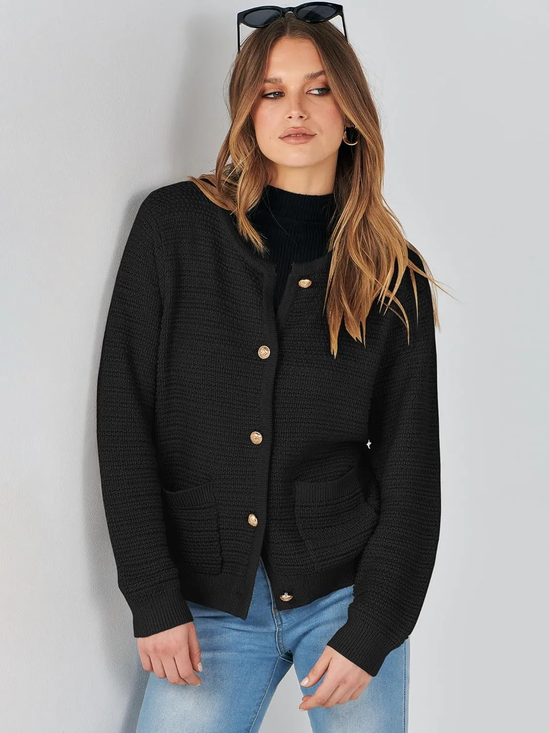 ANRABESS Women's Tweed Knit Cardigan Sweater Casual Long Sleeve Cropped Button Down Lady Jackets 2025 Spring Fashion Outwear