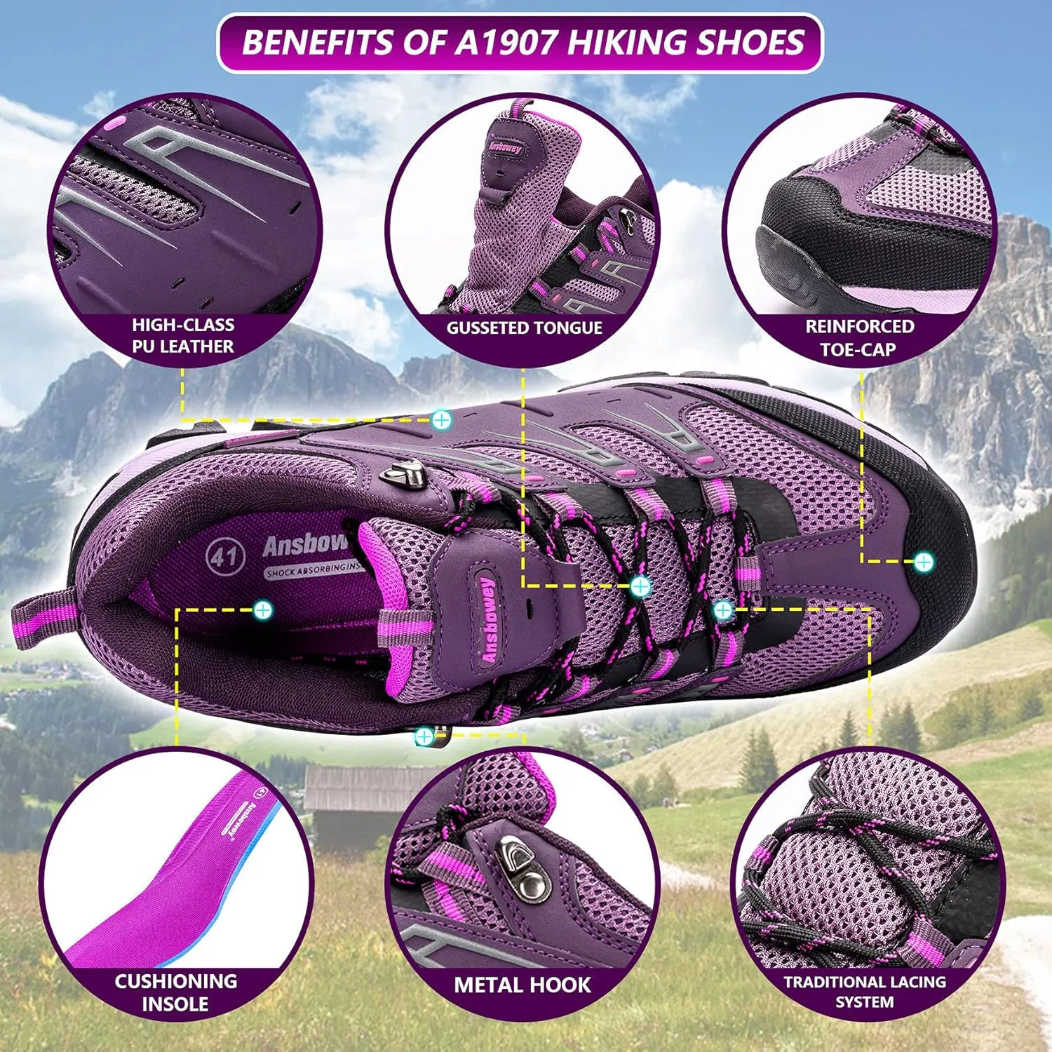Ansbowey Hiking Shoes Men's Waterproof Low Top Lightweight Breathable Non-Slip Trekking Trail Outdoor Sport Sneakers for Unisex-Adults 6.5 US